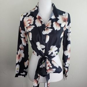 Chic Me Long Sleeve Button Down Tie Front Crop Top